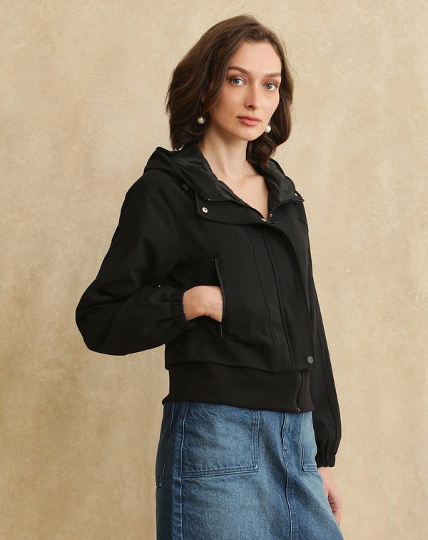 Rareism Women Hoian Black Ribbed Sleeve Collared Neck Zipper Closure Plain Jacket
