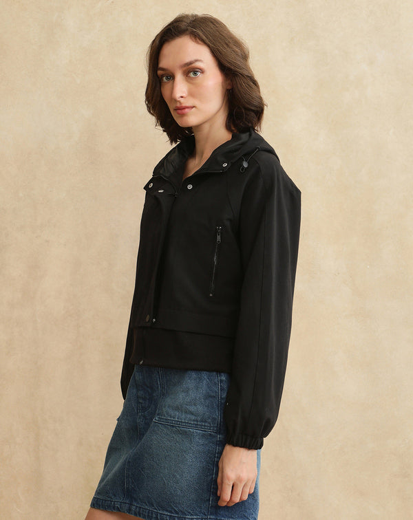 Rareism Women Hoian Black Ribbed Sleeve Collared Neck Zipper Closure Plain Jacket