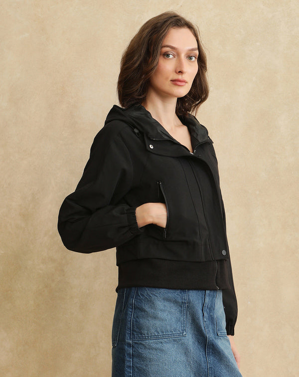 Rareism Women Hoian Black Ribbed Sleeve Collared Neck Zipper Closure Plain Jacket