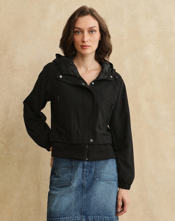 Rareism Women Hoian Black Ribbed Sleeve Collared Neck Zipper Closure Plain Jacket