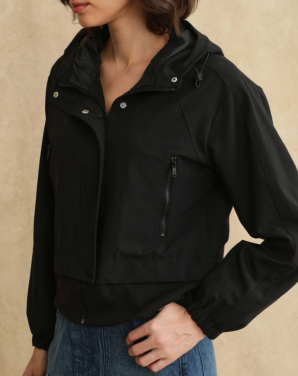 Rareism Women Hoian Black Ribbed Sleeve Collared Neck Zipper Closure Plain Jacket