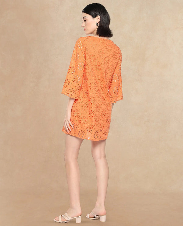 Rareism Women Hoiter Orange Cotton Fabric Regular Sleeves Boat Neck Solid MINI Dress
