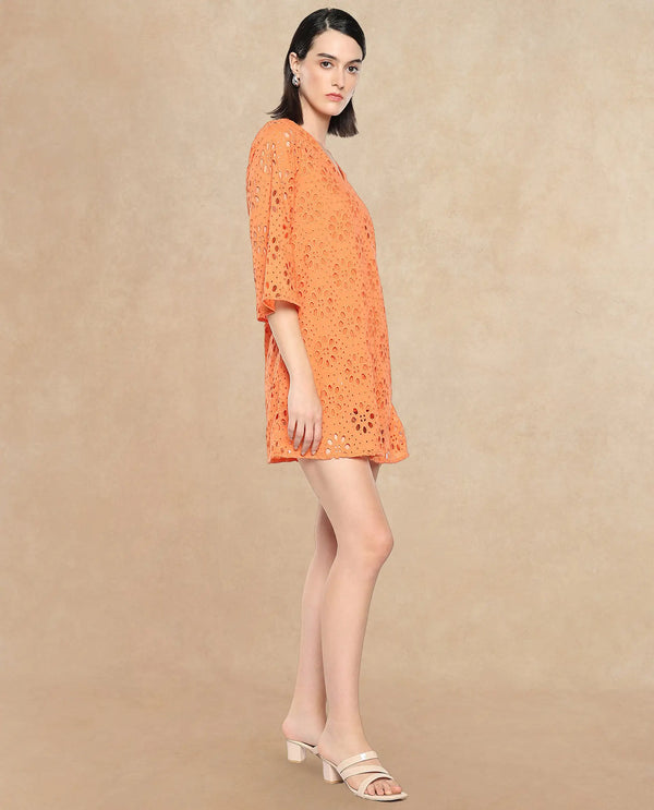 Rareism Women Hoiter Orange Cotton Fabric Regular Sleeves Boat Neck Solid MINI Dress