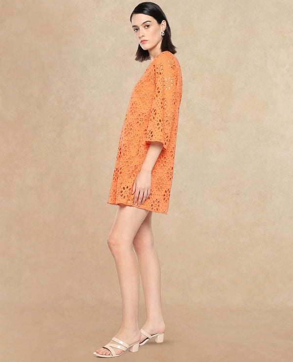 Rareism Women Hoiter Orange Cotton Fabric Regular Sleeves Boat Neck Solid MINI Dress