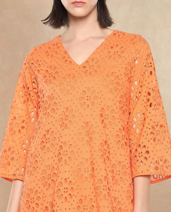 Rareism Women Hoiter Orange Cotton Fabric Regular Sleeves Boat Neck Solid MINI Dress