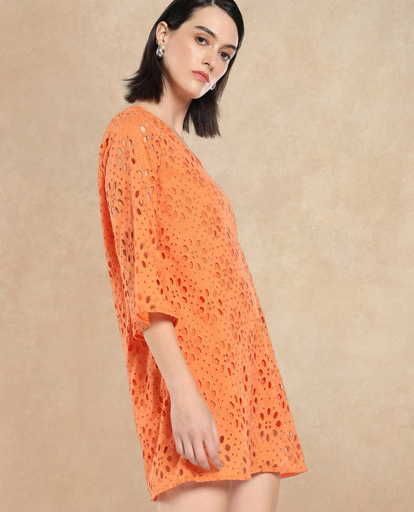 Rareism Women Hoiter Orange Cotton Fabric Regular Sleeves Boat Neck Solid MINI Dress