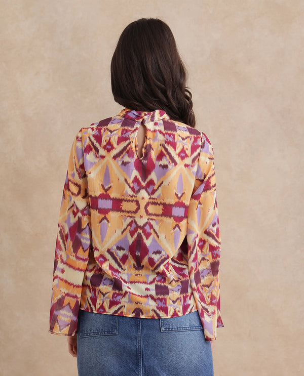 Rareism Women Hokas Multi Full Sleeve High Neck Button Closure Abstract Print Top