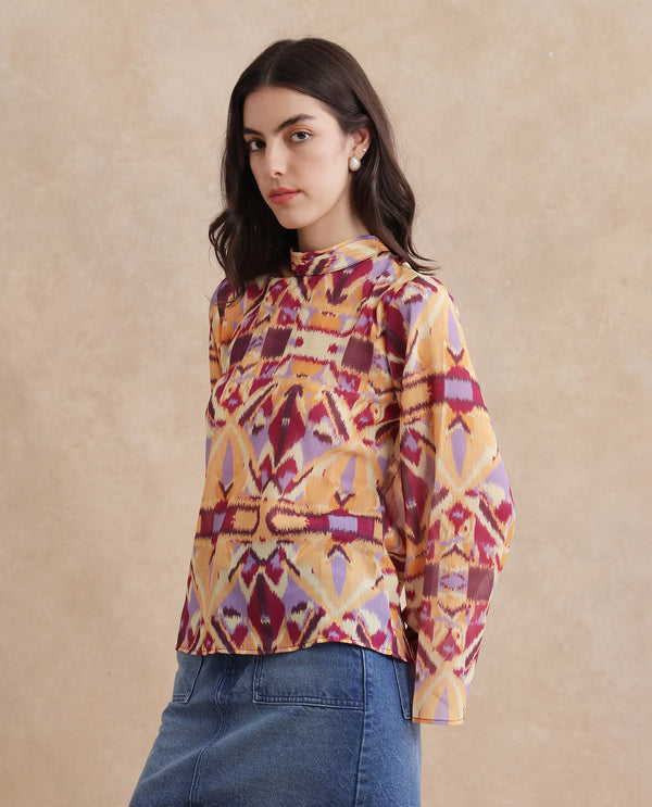 Rareism Women Hokas Multi Full Sleeve High Neck Button Closure Abstract Print Top