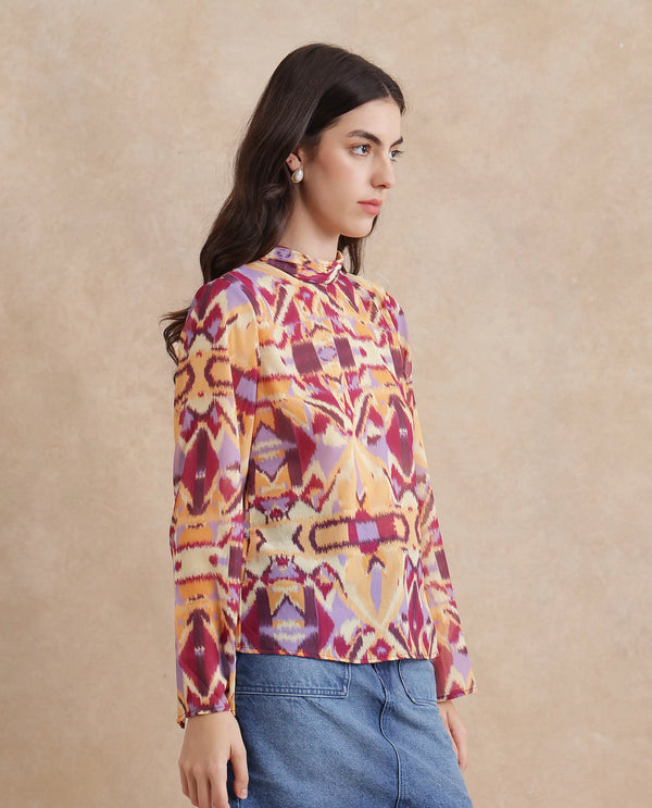 Rareism Women Hokas Multi Full Sleeve High Neck Button Closure Abstract Print Top