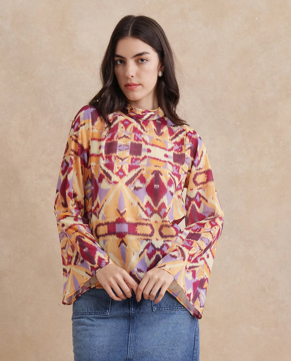 Rareism Women Hokas Multi Full Sleeve High Neck Button Closure Abstract Print Top
