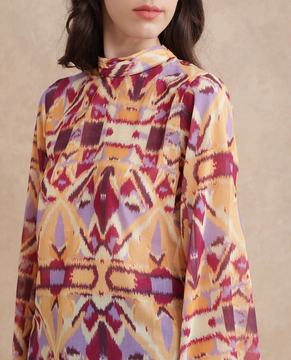 Rareism Women Hokas Multi Full Sleeve High Neck Button Closure Abstract Print Top