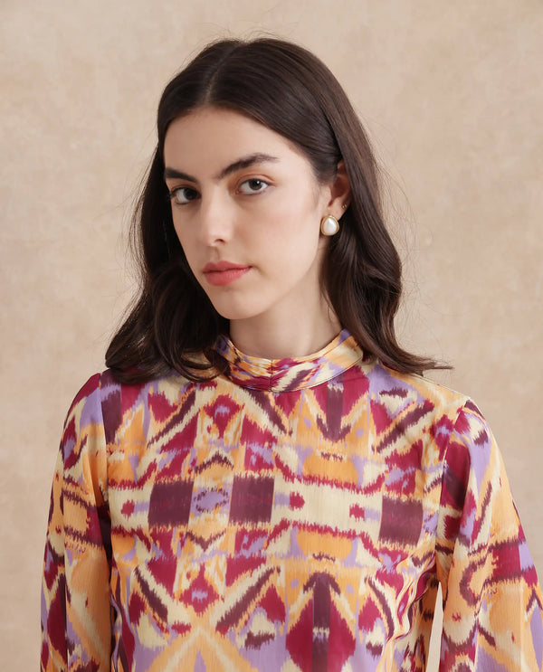 Rareism Women Hokas Multi Full Sleeve High Neck Button Closure Abstract Print Top