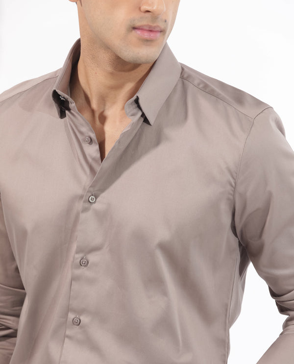 Rare Rabbit Men's Holand Beige Satin Fabric Full Sleeves Solid Shirt