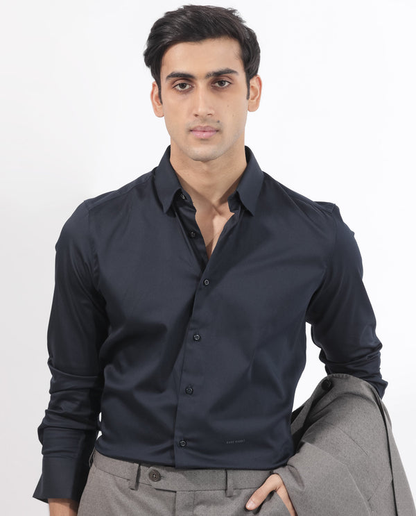 Rare Rabbit Men's Holand Navy Satin Fabric Full Sleeves Solid Shirt