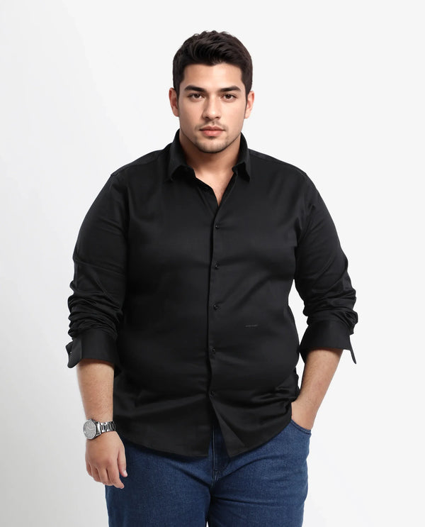 Rare Rabbit Men's Holand Black Satin Fabric Full Sleeves Solid Shirt Plus Size