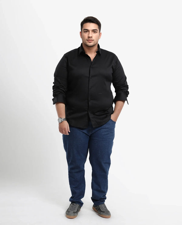 Rare Rabbit Men's Holand Black Satin Fabric Full Sleeves Solid Shirt Plus Size