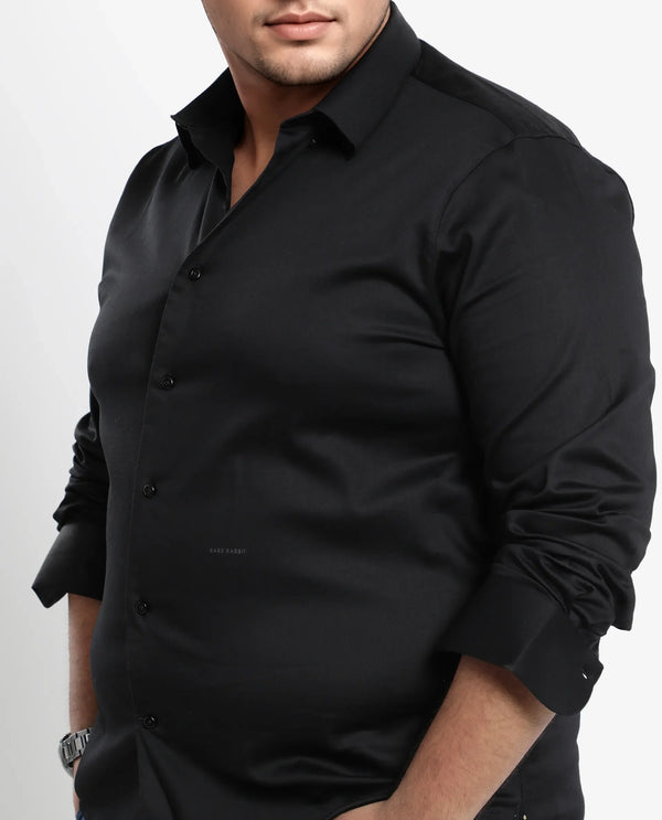 Rare Rabbit Men's Holand Black Satin Fabric Full Sleeves Solid Shirt Plus Size