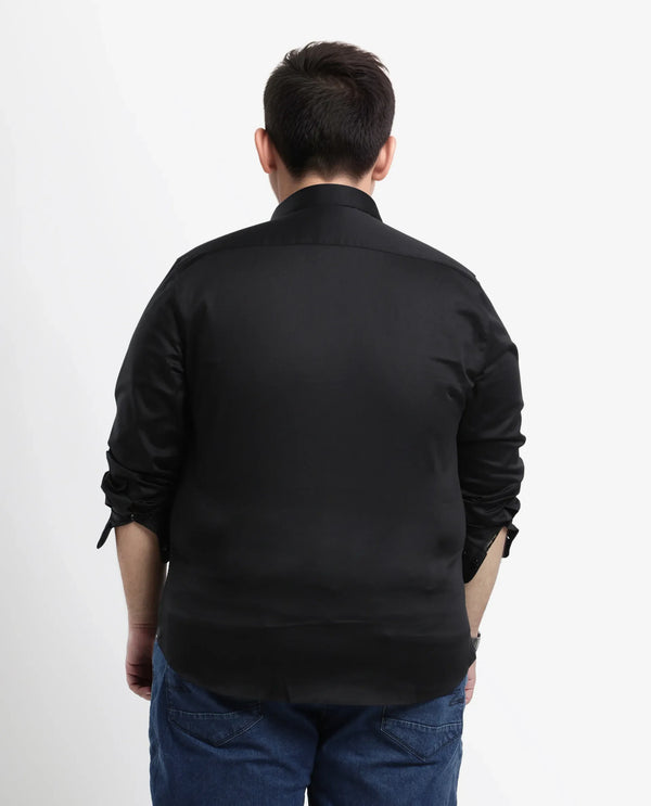 Rare Rabbit Men's Holand Black Satin Fabric Full Sleeves Solid Shirt Plus Size