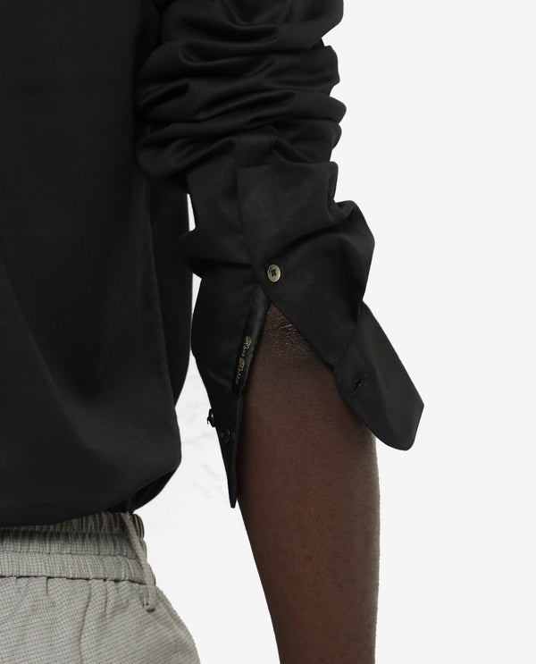 Rare Rabbit Men's Holand Black Satin Fabric Full Sleeves Solid Shirt