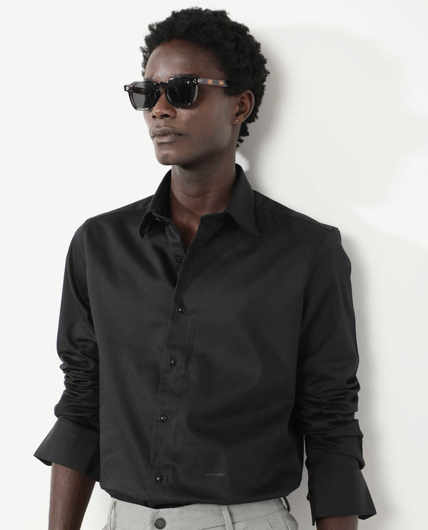 Rare Rabbit Men's Holand Black Satin Fabric Full Sleeves Solid Shirt