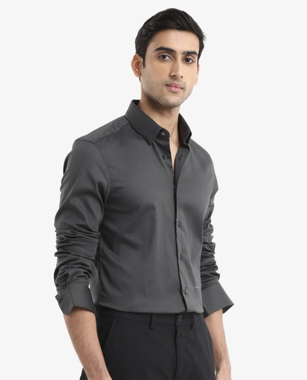 Rare Rabbit Men's Holand Grey Satin Fabric Full Sleeves Solid Shirt