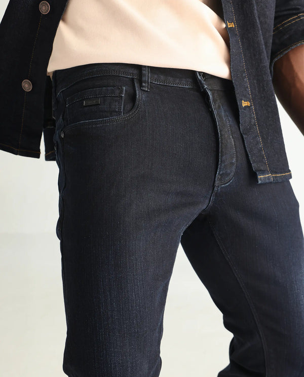 Rare Rabbit Men's Holand Navy Dark Wash Mid-Rise Slim Fit Jeans