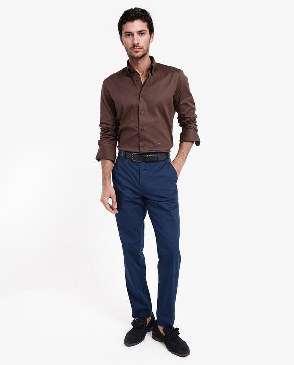 Rare Rabbit Men's Holand Rust Satin Fabric Full Sleeves Solid Shirt
