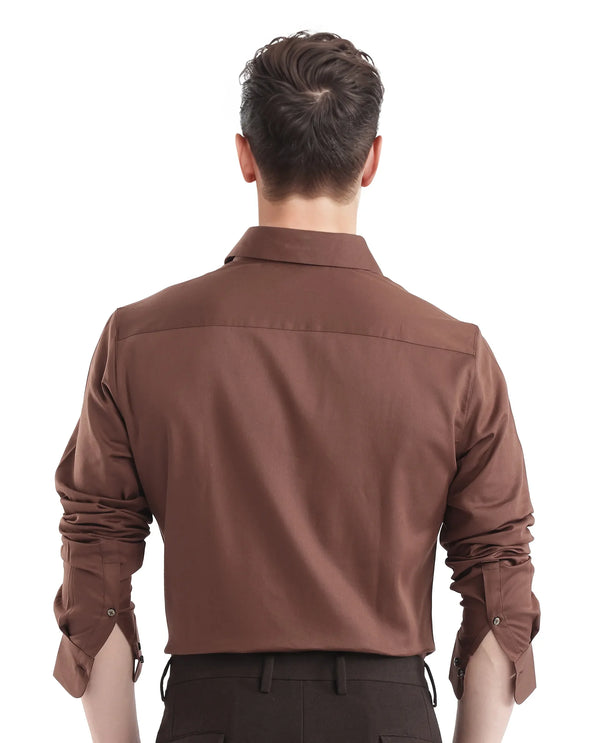Rare Rabbit Men Holla-25 Brown Cotton Poly Fabric Full Sleeve Collared Neck Button Closure Plain Shirt