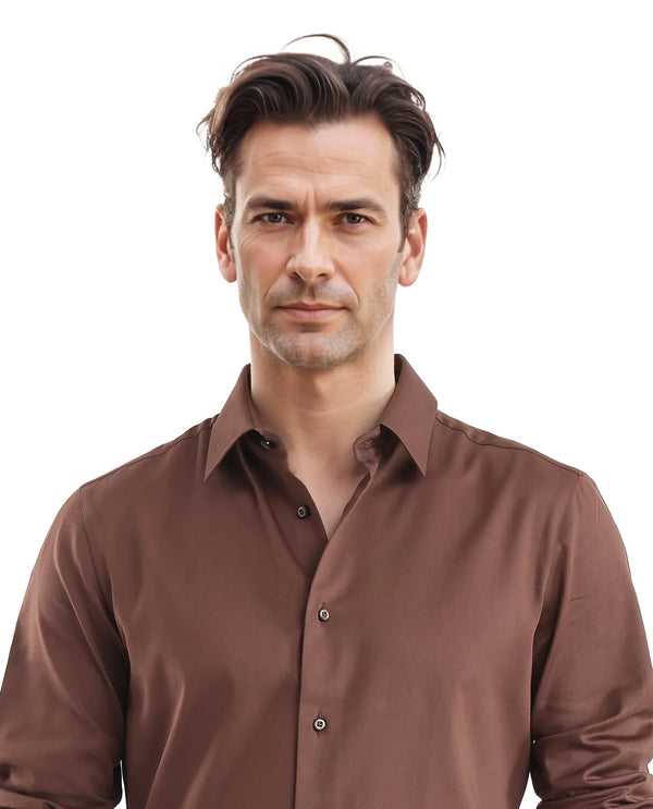 Rare Rabbit Men Holla-25 Brown Cotton Poly Fabric Full Sleeve Collared Neck Button Closure Plain Shirt
