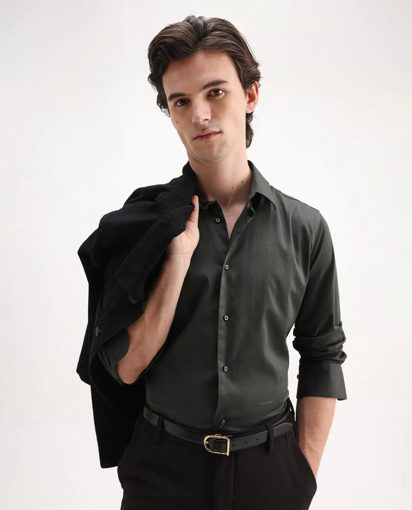 Rare Rabbit Men Holla-26 Olive Cotton Fabric Full Sleeve Collared Neck Button Closure Plain Shirt