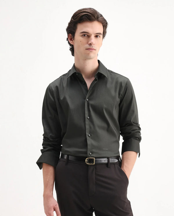 Rare Rabbit Men Holla-26 Olive Cotton Fabric Full Sleeve Collared Neck Button Closure Plain Shirt