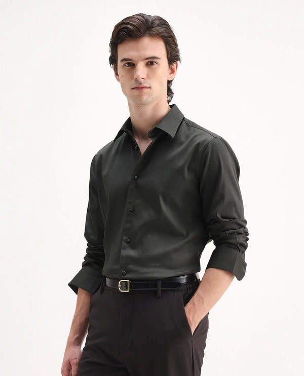 Rare Rabbit Men Holla-26 Olive Cotton Fabric Full Sleeve Collared Neck Button Closure Plain Shirt