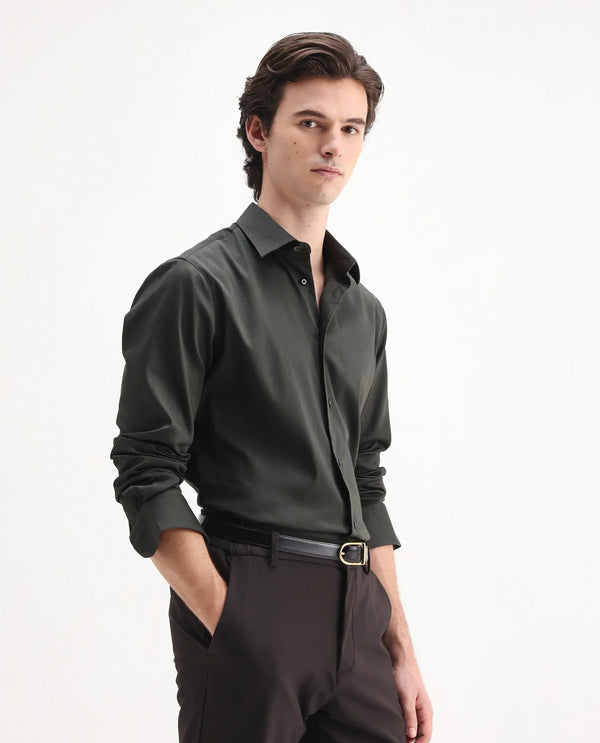 Rare Rabbit Men Holla-26 Olive Cotton Fabric Full Sleeve Collared Neck Button Closure Plain Shirt