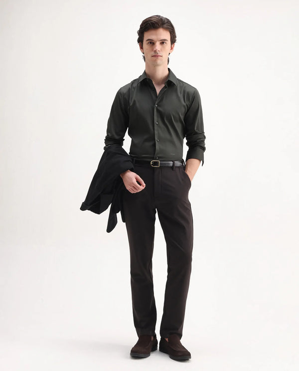 Rare Rabbit Men Holla-26 Olive Cotton Fabric Full Sleeve Collared Neck Button Closure Plain Shirt