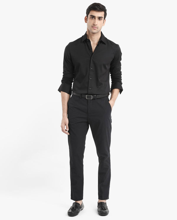 Rare Rabbit  Men's Holla Black Full Sleeves Regular Fit Satin Stretch Cotton Plain Shirt