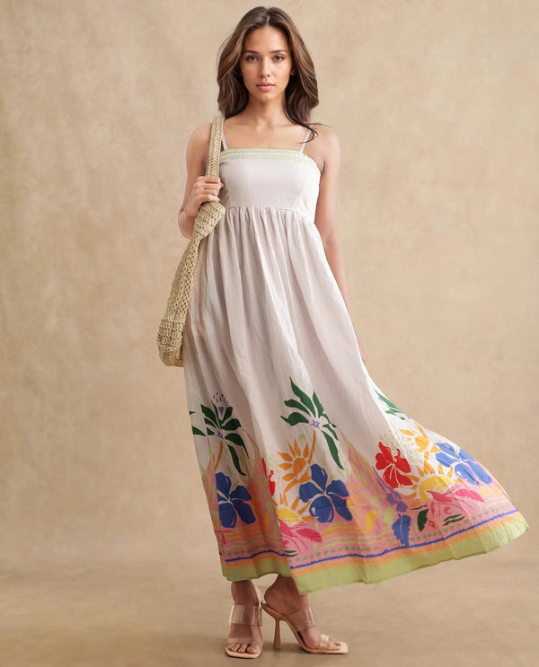 Rareism Women Holley Multi Rayon Nylon Fabric Noodle Strap Floral Print Ankle Length Dress