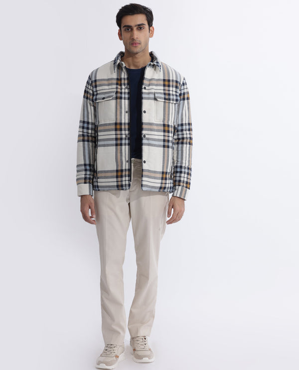 Rare Rabbit Men's Hollis Off-White Regular Collar Checks Shacket