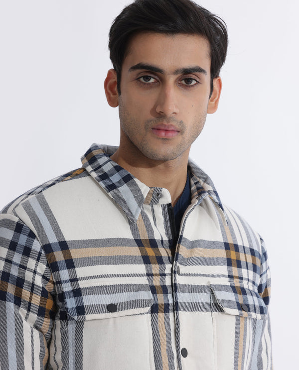 Rare Rabbit Men's Hollis Off-White Regular Collar Checks Shacket