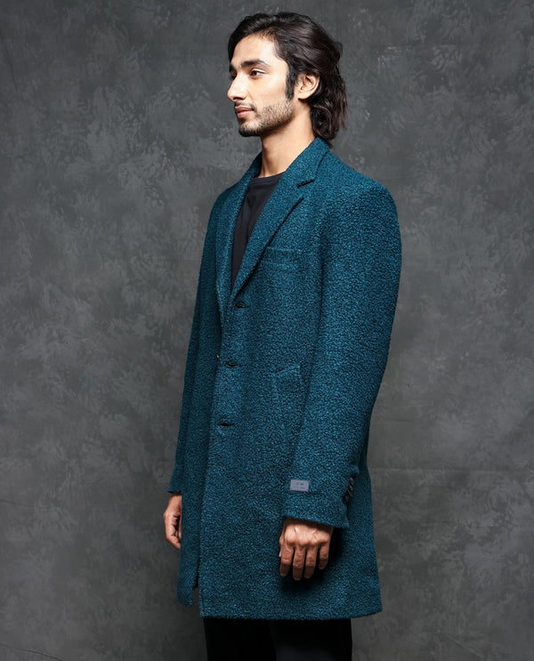 Rare Rabbit Men's Hong Green Textured Notch Lapel Long Coat