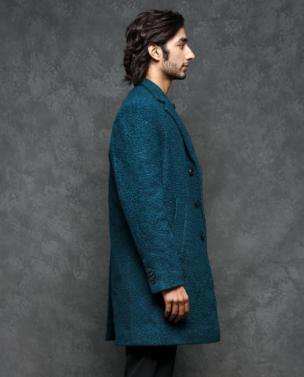 Rare Rabbit Men's Hong Green Textured Notch Lapel Long Coat