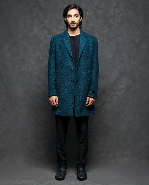 Rare Rabbit Men's Hong Green Textured Notch Lapel Long Coat