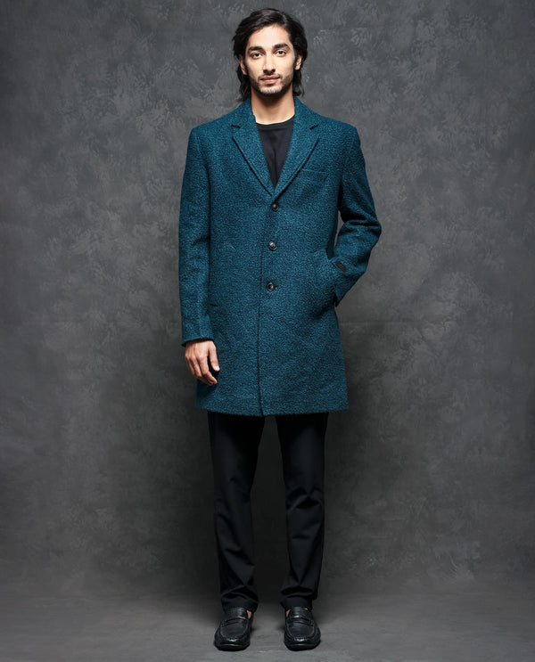 Rare Rabbit Men's Hong Green Textured Notch Lapel Long Coat
