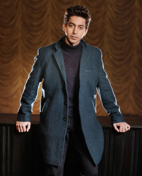 Rare Rabbit Men's Hong Green Textured Notch Lapel Long Coat