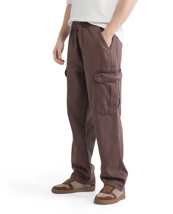 Rare Rabbit Men Hork Brown Cotton Fabric Elastic Waistband Multi Pocket Baggy Fit Cargo Style Jeans