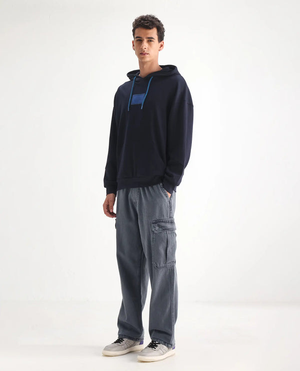 Rare Rabbit Men Hork Blue Cotton Fabric Elastic Waistband Multi Pocket Baggy Fit Cargo Style Jeans