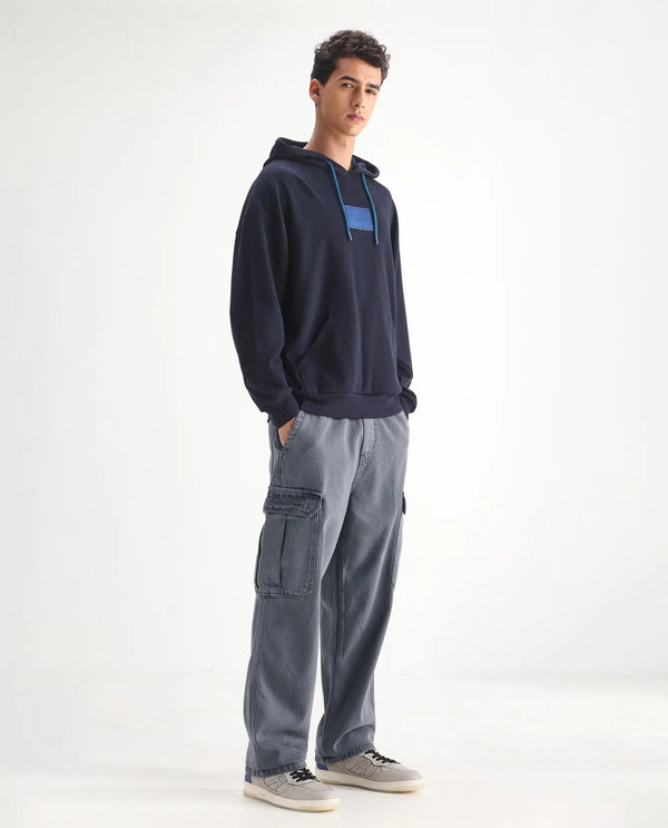 Rare Rabbit Men Hork Blue Cotton Fabric Elastic Waistband Multi Pocket Baggy Fit Cargo Style Jeans