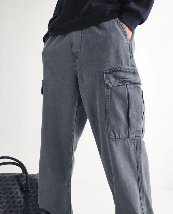 Rare Rabbit Men Hork Blue Cotton Fabric Elastic Waistband Multi Pocket Baggy Fit Cargo Style Jeans