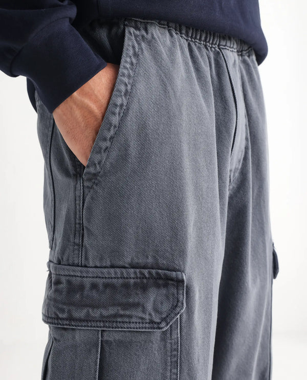 Rare Rabbit Men Hork Blue Cotton Fabric Elastic Waistband Multi Pocket Baggy Fit Cargo Style Jeans