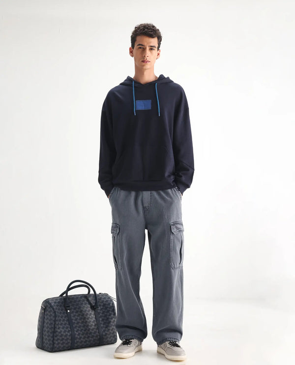 Rare Rabbit Men Hork Blue Cotton Fabric Elastic Waistband Multi Pocket Baggy Fit Cargo Style Jeans