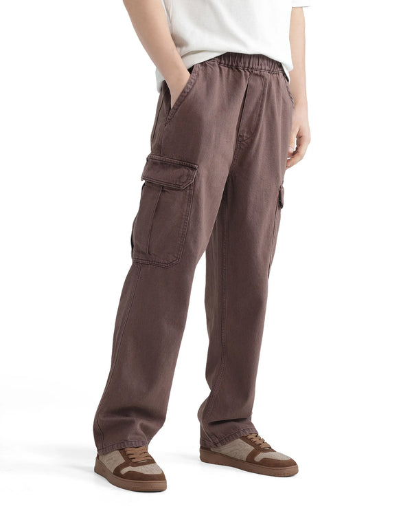Rare Rabbit Men Hork Brown Cotton Fabric Elastic Waistband Multi Pocket Baggy Fit Cargo Style Jeans